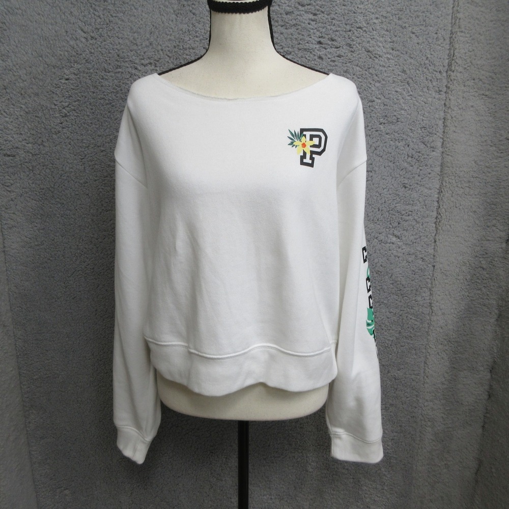 PINK Victorias Secret Y2K Sweatshirt Women XL White Tropical Floral Logo Coastal